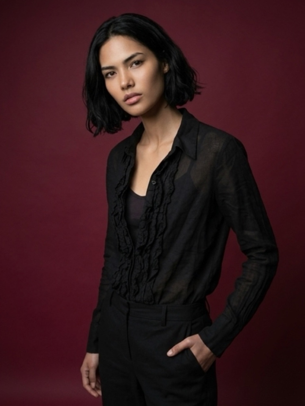 Matty M Black Sheer Ruffle-Front Camisole Blouse - Picture 4 of 4